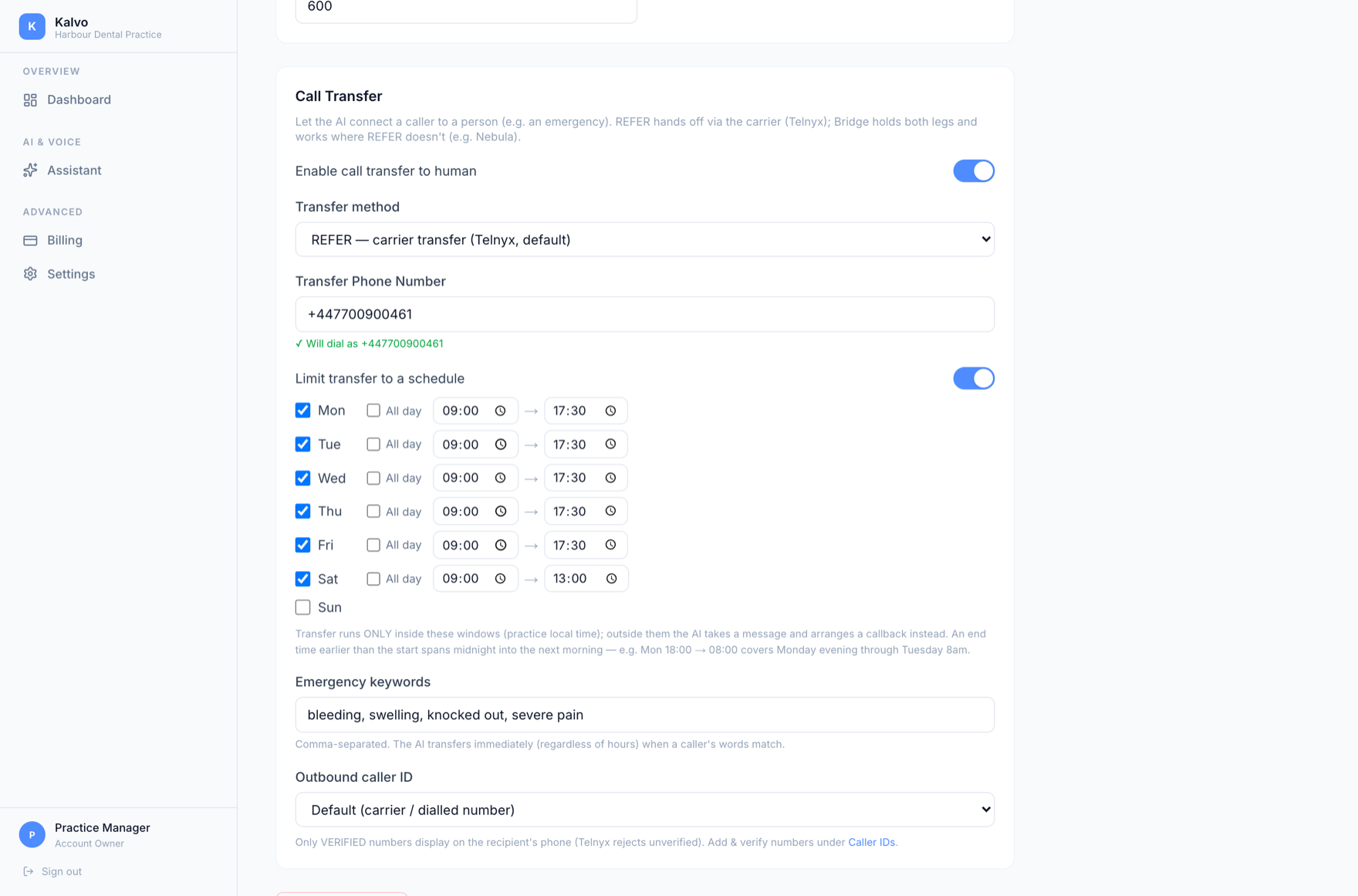 The Kalvo call-transfer settings. Transfer to a human is enabled, limited to a weekly schedule of Monday to Saturday working hours, with emergency keywords that transfer a caller immediately regardless of the time.